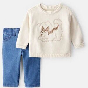 NWT CARTERS BABY BOY OUTFIT SET 2-Piece Dog Sweater & Pant Set Cream 24 MONTHS